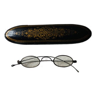 Antique Papier-Mâché Spectacles Case With Original Wire-Rim Glasses, Nantucket Estate, Circa 1900 For Sale