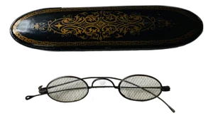 Antique Papier-Mâché Spectacles Case With Original Wire-Rim Glasses, Nantucket Estate, Circa 1900
