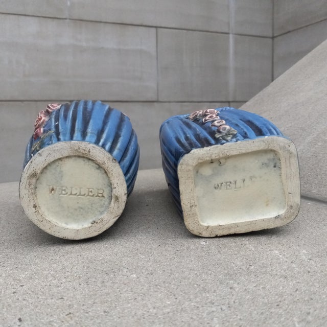 Ceramic 1915 Weller Art Pottery Blue Drapery Pair (2x) of Vases For Sale - Image 7 of 12