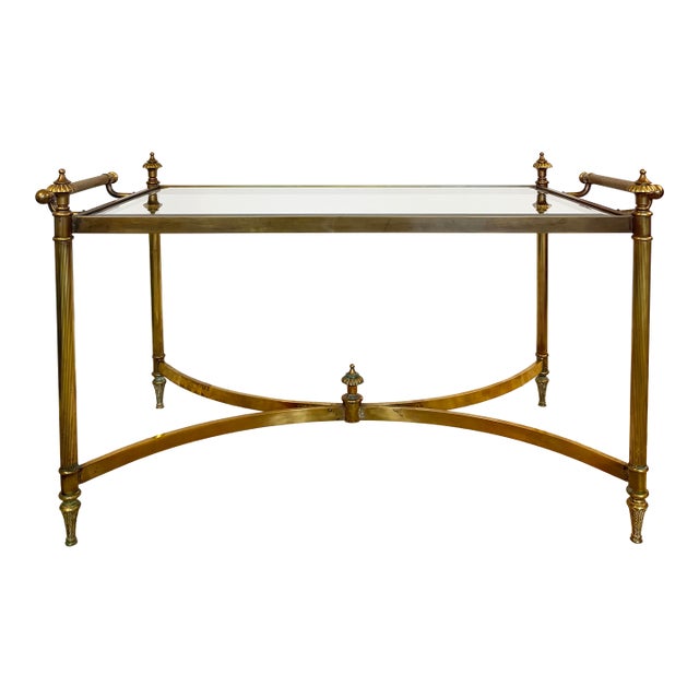 1960s Maison Jansen Style French Neoclassical Brass & Beveled Glass Cocktail Table For Sale