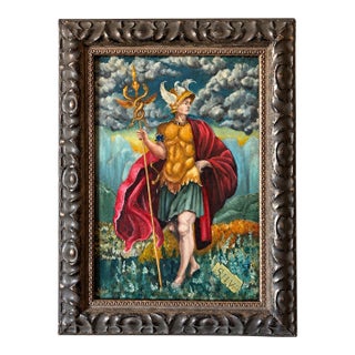 Grand Tour Style Italian Oil on Wood Painting of Mercury Later Figurative Frame For Sale