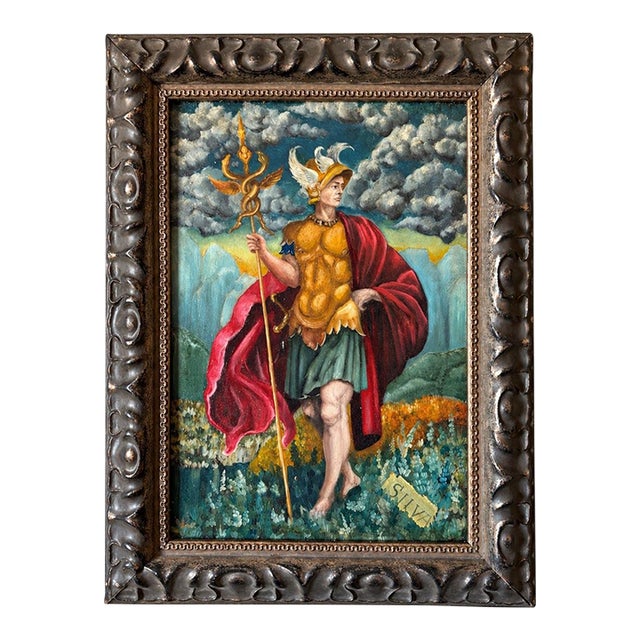 Grand Tour Style Italian Oil on Wood Painting of Mercury Later Figurative Frame For Sale