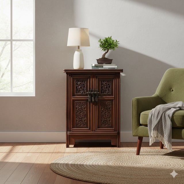 1990s 26.75" Natural Wood Pattern Brown Carving 2 Doors Small Cabinet Chest For Sale - Image 5 of 10