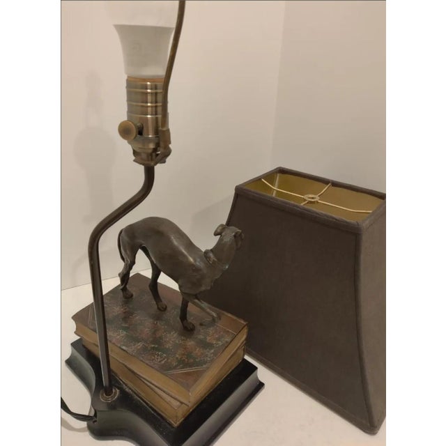 Vintage 1980s Bronze Whippet / Greyhound Dog Standing on Stacked Books Lamp For Sale - Image 9 of 12