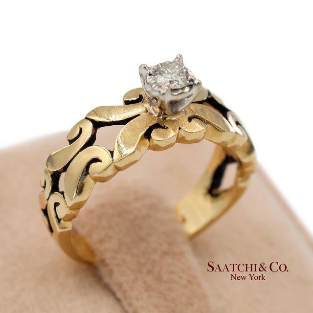 0.13 Ct Natural Diamond 14k Yellow Gold Openwork Scroll Design Ring, Size 5 For Sale - Image 9 of 13