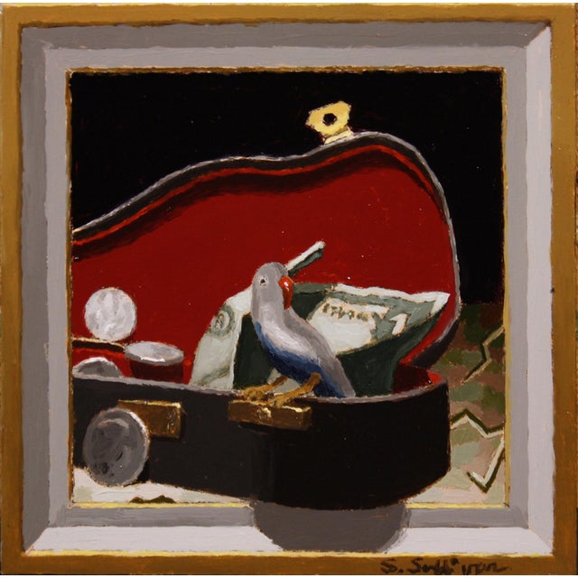 Little Busker by Shawn Sullivan | Oil Painting of a bird in a guitar case with money and coins For Sale