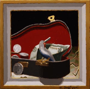 Little Busker by Shawn Sullivan | Oil Painting of a bird in a guitar case with money and coins