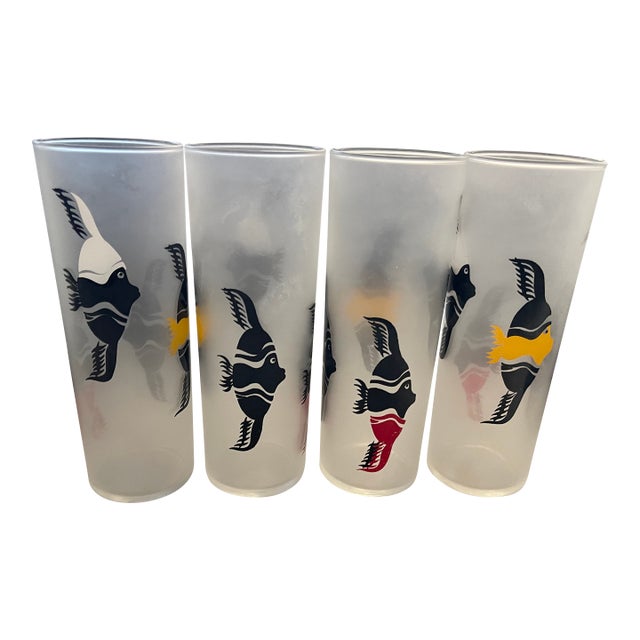 Vintage Mid Century Modern Frosted Tropical Fish Tom Collins Glasses - Set of 4 For Sale