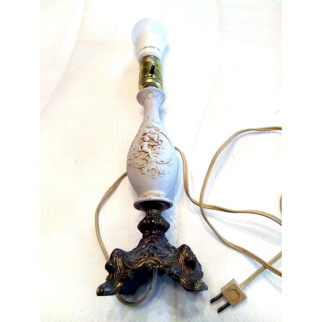 Metal Vintage Porcelain Cherub Table Lamp With Brass Base and Fringed Shade For Sale - Image 7 of 12