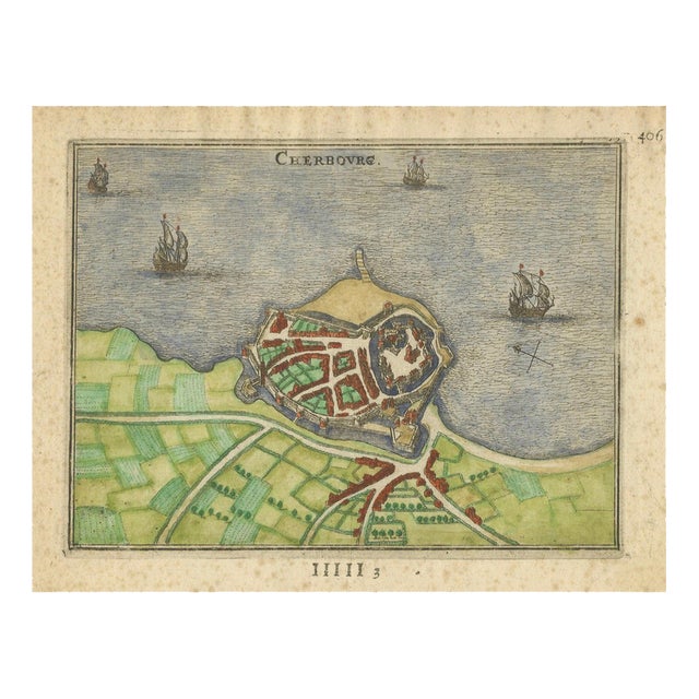Antique Hand-Coloured Engraved Map of French Coastal Town Cherbourg, 1666 For Sale