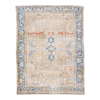 1960s Vintage Heriz Distressed Beige Handmade Medallion Wool Rug For Sale