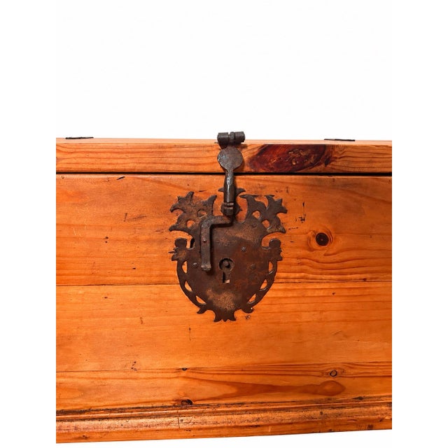 Spanish Spanish Colonial Style Wood Trunk With Ornate Iron Hardware For Sale - Image 3 of 12