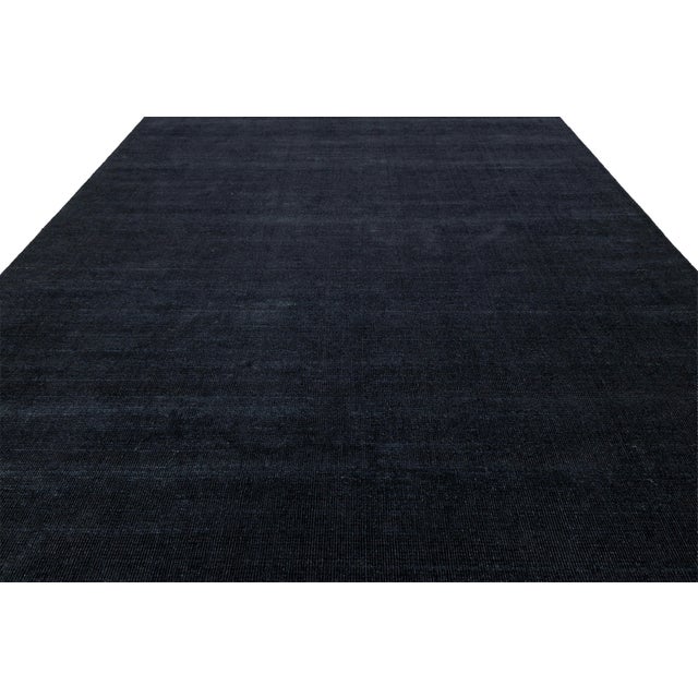 Charcoal Japandi Minimalist Handmade Charcoal Wool & Bamboo Silk Rug With Grid Texture For Sale - Image 8 of 12