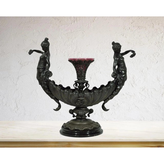 Antique Victorian Spelter & Marble Figural Mermaid Centerpiece Bowl Vase Epergne. Item features ornate detailed mermaid...