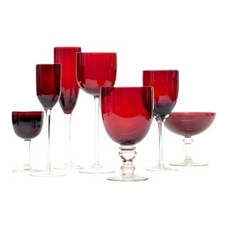 Mixed Shape & Size Cherry Red Stemmed Glass Curation - Group of 7 For Sale