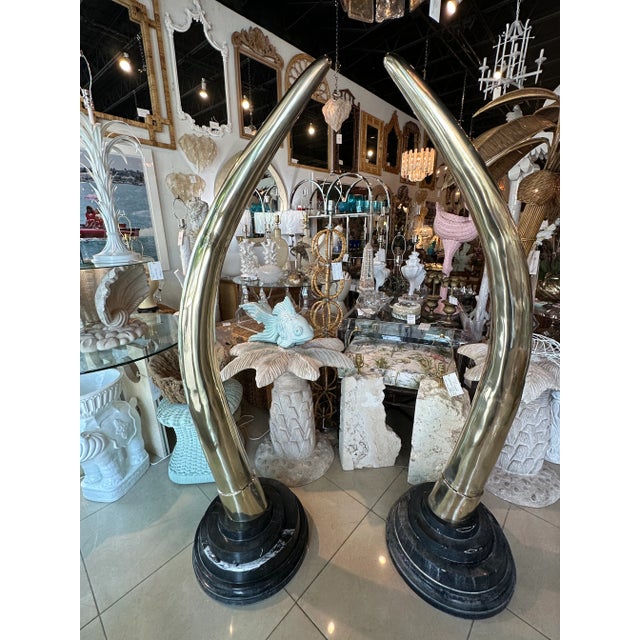 Metal Vintage Pair 1970s Monumental Brass & Marble Faux Elephant Tusks Life Size For Sale - Image 7 of 12