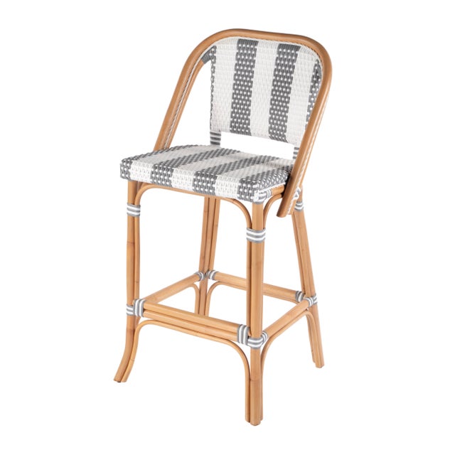 Lila Rattan 28 in. Seat Height Bar Stool with Back and Footrest, Gray/White Stripe/ Natural Rattan Frame For Sale - Image 9 of 9