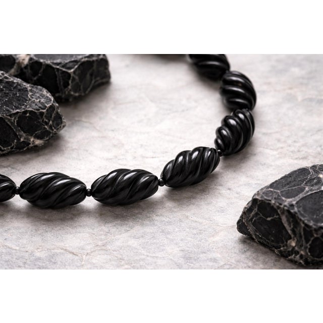 Metal Art Deco Style Black Onyx Beaded Necklace, Sterling Silver Clasp, 21.5" For Sale - Image 7 of 8
