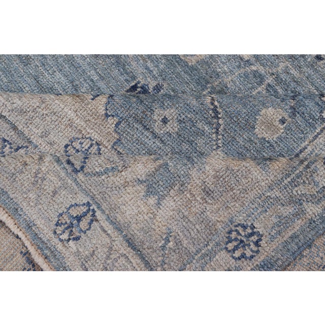 Turkish Angora Oushak Rug in Dusty Blue Background and Silver Border 9'2 X 11'7 For Sale - Image 10 of 11