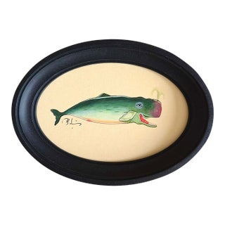Original Hand-Painted Whimsical Whale Painting in a Hand-Painted Frame For Sale