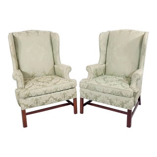 Pair of Mid 20th Century Hickory Chair Mahogany Chippendale Wing Chairs Green Silk Damask Fabric For Sale