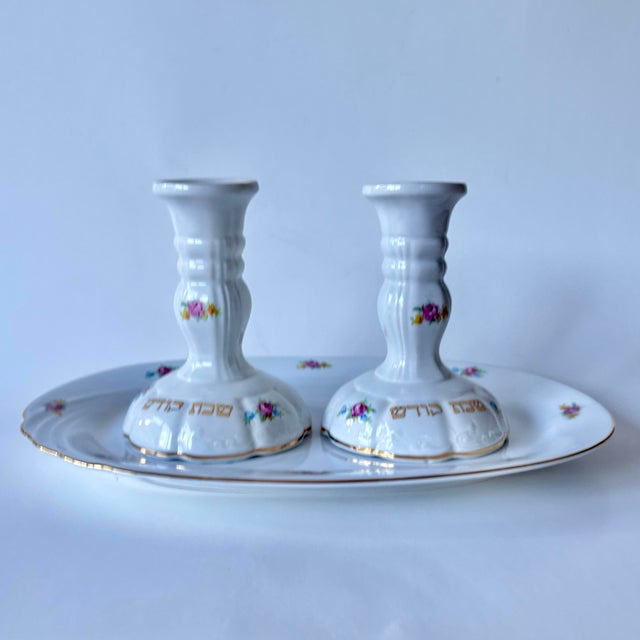 Vintage German Winterling Porcelain Shabbat Candlesticks With Matching Tray, Set of 3 For Sale - Image 4 of 12
