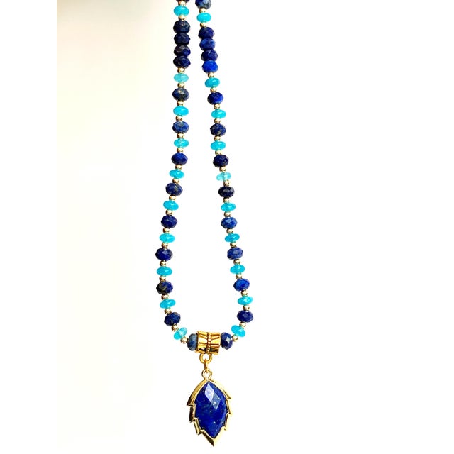 Artisan Handcrafted Lapis Lazuli Pendant Necklace in Blue Chalcedony and Golden Hematite For Sale - Image 15 of 15