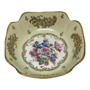 Mid 20th Century French Porcelain Hand-Painted Floral Design Bowl With Gold Rimmed Scalloped Edge