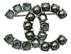 Chanel Gunmetal CC Grey Pearl Grey Crystal Brooch