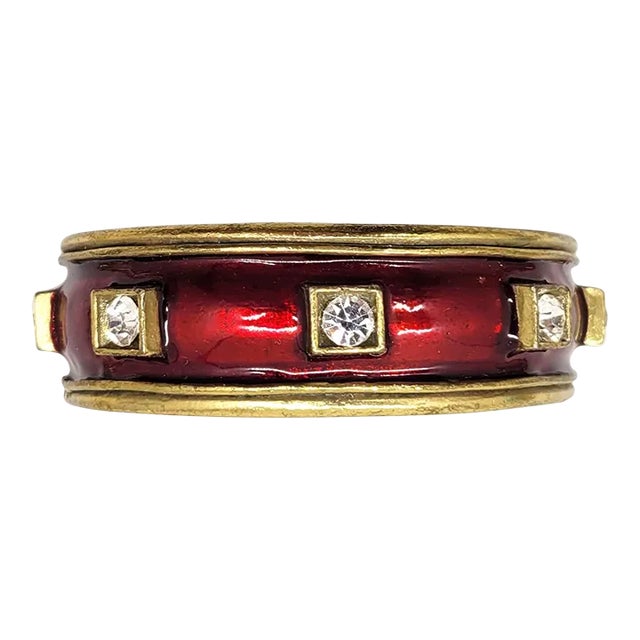Vintage 1980s Signed Gerard Yosca Red Enamel & Clear Rhinestone Cuff Bracelet For Sale