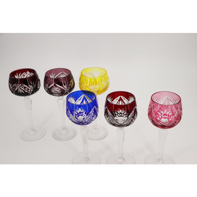 1900s Set of Six Colored Bohemia Crystal Wine Glasses For Sale - Image 4 of 16