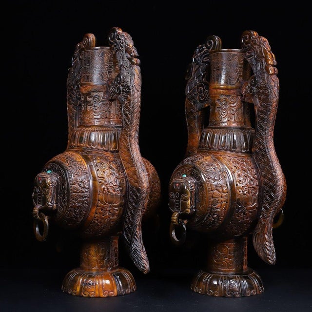 Bone 1950s Monumental Pair of Carved Horn Vases - Chinese Double Dragon Handled Bottles, 12kg For Sale - Image 7 of 10