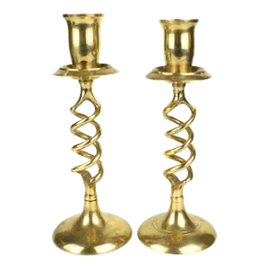 Mid 20th Century Solid Gold Brass Twisted Candlestick Candle Holders-Pair