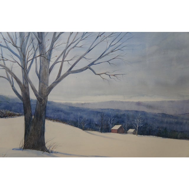 Late 20th Century Mary Ellen Wilson Ohio Winter Farmhouse Landscape Watercolor Painting 34", Framed For Sale - Image 4 of 11
