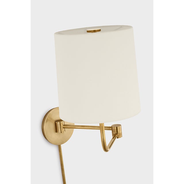 Visual Comfort Barbara Barry for Visual Comfort Signature Go Lightly Swing Arm Wall Light in Soft Brass with Linen Shade For Sale - Image 4 of 9