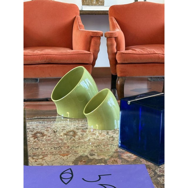 Space age set of 2 gree ceramic vase / vide poche Sicart, Italy ca. 1970 Label Sicart on the side H 21 cm - 19,5 × 22 cm H...