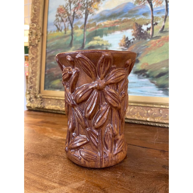 Vintage Red Wing Pottery Brown Glazed Floral Relief Vase For Sale - Image 4 of 10
