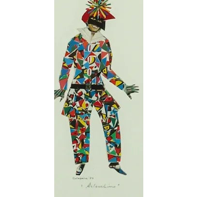 Fab/ colourful decoupage harlequin portrait by Colobesa? '89 in a chrome frame w/ red & yellow mat! Image Sz: 8 1/2"H x 5...