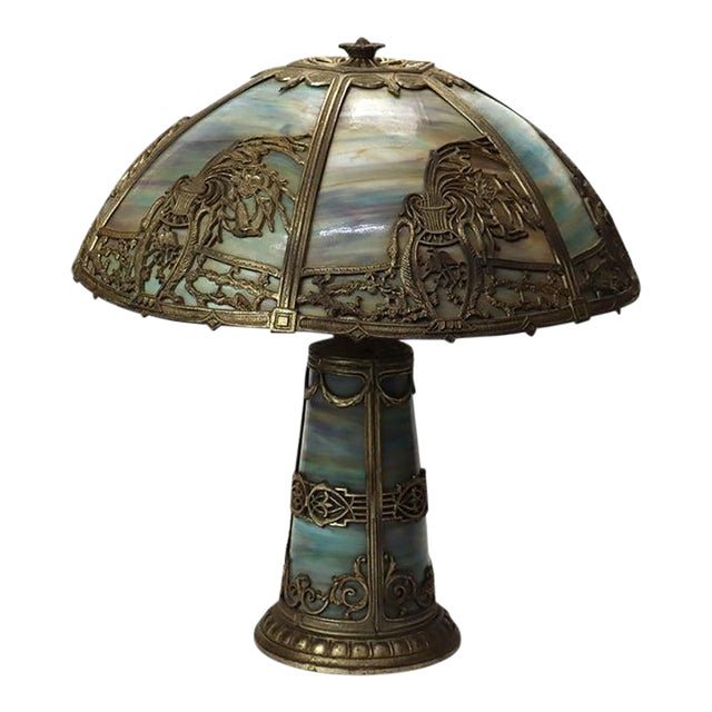 Antique Bradley & Hubbard School Lighted Base Slag Glass Table Lamp C1920 For Sale