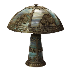 Antique Bradley & Hubbard School Lighted Base Slag Glass Table Lamp C1920