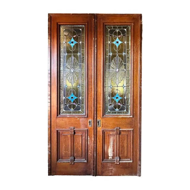 Antique Pocket Doors Mahogany With Stained Glass - A Pair For Sale In New York - Image 6 of 10