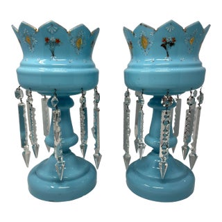 Late 19th Century Victorian Blue Opaline Glass Mantle Lusters With Cut Prisms, Pair, 14” For Sale