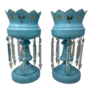 Late 19th Century Victorian Blue Opaline Glass Mantle Lusters With Cut Prisms, Pair, 14”