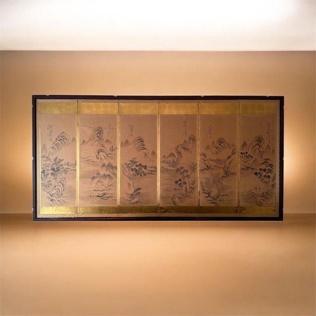 Early 20th Century Japanese Chinese Asian Calligraphy Hand Painted Six Panel Paper Screen Folding Byobu For Sale - Image 13 of 15