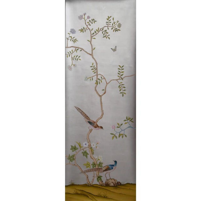 Chinoiserie Hand-Painted Chinoiserie Silver Leaf Wallpaper Panels With Birds & Botanical Branches – Set of 5 For Sale - Image 3 of 3