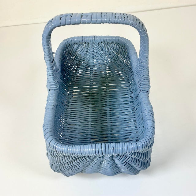 Mid-Century Boho Chic Coastal French Blue Wicker Tabletop Basket For Sale - Image 9 of 10