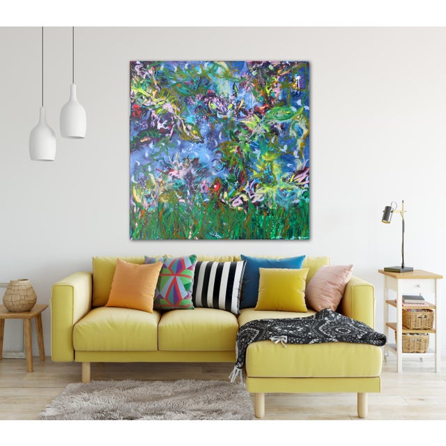 Exuberant Guests is a vibrant oil painting created with a palette of blue, yellow, green, pink, and red. The 1.5 in....
