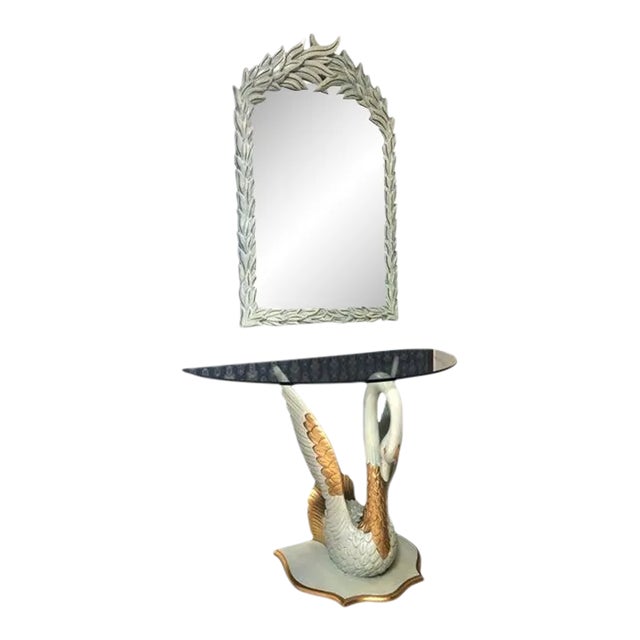 Early 20th Century Art Decò Style Console With Hand-Carved Swan and Mirror - 2 Pieces For Sale