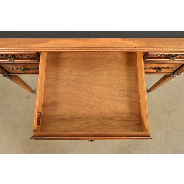 Wood Sligh Furniture French Regency Louis XVI Carved Walnut Leather Top Writing Desk, Circa 1960s For Sale - Image 7 of 14