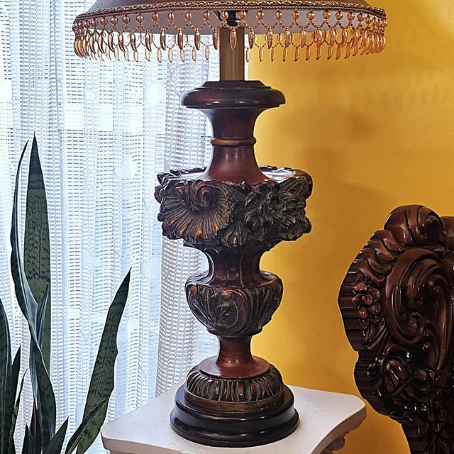Chestnut Antique Frederick Cooper Ornate Hollywood Regency Table Lamp With Fringe Shade For Sale - Image 8 of 18